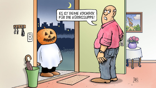 Cartoon: Kürbissuppe (medium) by Harm Bengen tagged kochbox,kürbissuppe,halloween,haustür,grusel,horror,harm,bengen,cartoon,karikatur,kochbox,kürbissuppe,halloween,haustür,grusel,horror,harm,bengen,cartoon,karikatur