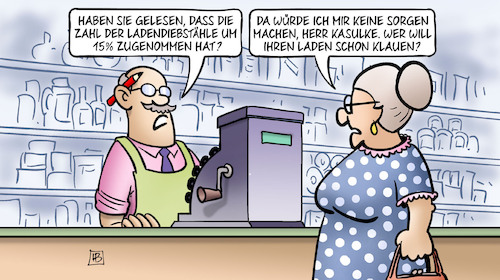 Cartoon: Ladendiebstahl (medium) by Harm Bengen tagged ladendiebstahl,ladendiebstähle,zugenommen,kasulke,susemil,klauen,harm,bengen,cartoon,karikatur,ladendiebstahl,ladendiebstähle,zugenommen,kasulke,susemil,klauen,harm,bengen,cartoon,karikatur