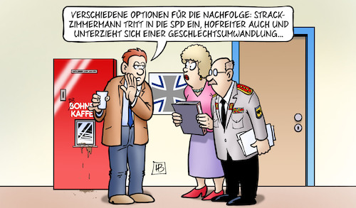 Cartoon: Lambrecht-Nachfolge (medium) by Harm Bengen tagged lambrecht,nachfolge,optionen,verteidigungsministerin,rücktritt,strack,zimmermann,hofreiter,geschlechtsumwandlung,bundeswehr,harm,bengen,cartoon,karikatur,lambrecht,nachfolge,optionen,verteidigungsministerin,rücktritt,strack,zimmermann,hofreiter,geschlechtsumwandlung,bundeswehr,harm,bengen,cartoon,karikatur