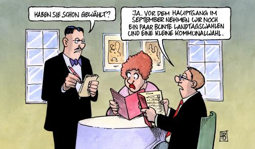 Cartoon: Landtagswahlen (medium) by Harm Bengen tagged landtagswahlen,kommunalwahl,saarland,sachsen,thüringen,tisch,gäaste,ober,kellner,lokal,wahllokal,speisekarte,wahl,wählen,landtagswahlen,kommunalwahl,saarland,sachsen,thüringen,tisch,ober,kellner,lokal,wahllokal,speisekarte,wahl,wählen