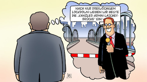 Cartoon: Laschet-Brücke (medium) by Harm Bengen tagged laschet,brücken,lockdown,corona,kanzler,kanzlerkandidat,cdu,union,söder,armin,traum,denken,denkblase,reporter,haus,bengen,cartoon,karikatur,laschet,brücken,lockdown,corona,kanzler,kanzlerkandidat,cdu,union,söder,armin,traum,denken,denkblase,reporter,haus,bengen,cartoon,karikatur