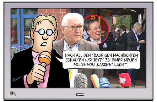 Cartoon: Laschet lacht (medium) by Harm Bengen tagged traurige,nachrichten,folge,laschet,lacht,reporter,steinmeier,tv,hochwasser,regen,klimawandel,todesopfer,cdu,kanzlerkandidat,geschmacklos,scherz,harm,bengen,cartoon,karikatur,traurige,nachrichten,folge,laschet,lacht,reporter,steinmeier,tv,hochwasser,regen,klimawandel,todesopfer,cdu,kanzlerkandidat,geschmacklos,scherz,harm,bengen,cartoon,karikatur