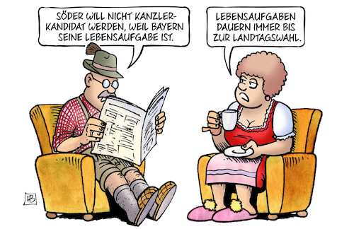 Cartoon: Lebensaufgabe Bayern (medium) by Harm Bengen tagged söder,csu,kanzlerkandidat,union,bayern,lebensaufgabe,landtagswahl,wahlen,harm,bengen,cartoon,karikatur,söder,csu,kanzlerkandidat,union,bayern,lebensaufgabe,landtagswahl,wahlen,harm,bengen,cartoon,karikatur