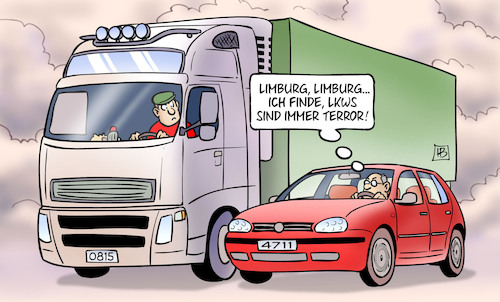 Cartoon: Limburg-Terror (medium) by Harm Bengen tagged limburg,terror,lkws,islamismus,auto,kfz,harm,bengen,cartoon,karikatur,limburg,terror,lkws,islamismus,auto,kfz,harm,bengen,cartoon,karikatur