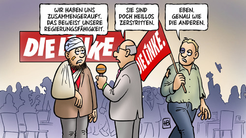 Cartoon: Linke-Flügelkämpfe (medium) by Harm Bengen tagged linke,fluegelkämpfe,partei,parteitag,göttingen,gysi,lafontaine,bartsch,kipping,ernst,riexinger,wagenknecht,realos,westen,osten,reformer,doppelspitze,machtkampf,linke,partei,parteitag,göttingen,gysi,lafontaine,bartsch,kipping,riexinger,wagenknecht