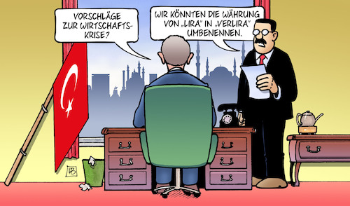 Cartoon: Lira-Kurs (medium) by Harm Bengen tagged vorschläge,wirtschaftskrise,türkei,erdogan,währung,lira,verlira,kurs,inflation,umbenennen,harm,bengen,cartoon,karikatur,vorschläge,wirtschaftskrise,türkei,erdogan,währung,lira,verlira,kurs,inflation,umbenennen,harm,bengen,cartoon,karikatur