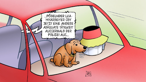 Cartoon: LKA-Mann scheidet aus (medium) by Harm Bengen tagged pöbelnder,lka,mitarbeiter,polizei,zdf,bildrechte,pegida,rechtsradikal,hut,auto,klorolle,wackeldackel,hund,harm,bengen,cartoon,karikatur,pöbelnder,lka,mitarbeiter,polizei,zdf,bildrechte,pegida,rechtsradikal,hut,auto,klorolle,wackeldackel,hund,harm,bengen,cartoon,karikatur