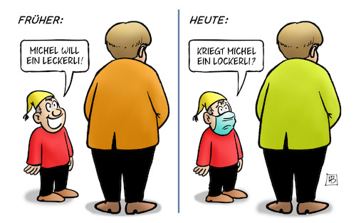 Cartoon: Lockerli (medium) by Harm Bengen tagged frueher,heute,michel,leckerli,lockerli,corona,merkel,kind,maske,lockerungen,harm,bengen,cartoon,karikatur,frueher,heute,michel,leckerli,lockerli,corona,merkel,kind,maske,lockerungen,harm,bengen,cartoon,karikatur