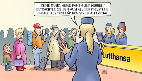 Cartoon: Lufthansa-IT (medium) by Harm Bengen tagged ausfall,it,systeme,test,streik,lufthansa,flughafen,verdi,harm,bengen,cartoon,karikatur,ausfall,it,systeme,test,streik,lufthansa,flughafen,verdi,harm,bengen,cartoon,karikatur