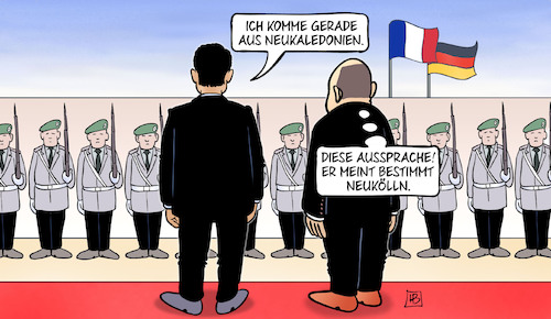 Cartoon: Macron bei Scholz (medium) by Harm Bengen tagged macron,scholz,frankreich,staatsbesuch,soldaten,neukaledonien,diese,aussprache,neukölln,harm,bengen,cartoon,karikatur,macron,scholz,frankreich,staatsbesuch,soldaten,neukaledonien,diese,aussprache,neukölln,harm,bengen,cartoon,karikatur