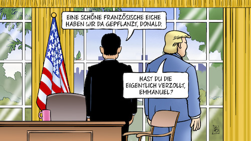 Cartoon: Macron bei Trump (medium) by Harm Bengen tagged frankreich,usa,französische,eiche,baum,gepflanzt,pflanzen,zoll,verzollen,handelskrieg,europa,trump,emmanuel,macron,oval,office,harm,bengen,cartoon,karikatur,frankreich,usa,französische,eiche,baum,gepflanzt,pflanzen,zoll,verzollen,handelskrieg,europa,trump,emmanuel,macron,oval,office,harm,bengen,cartoon,karikatur