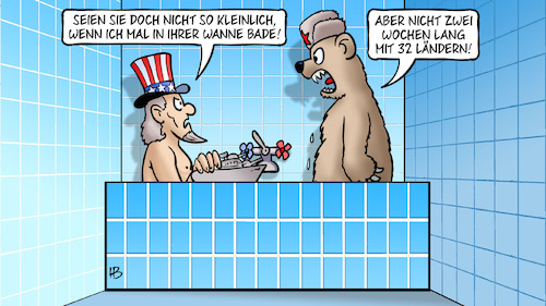 Cartoon: Manöver Sea Breeze (medium) by Harm Bengen tagged manöver,sea,breeze,schwarzes,meer,wanne,baden,zwei,wochen,usa,russland,nato,ukraine,bär,uncle,sam,loriot,harm,bengen,cartoon,karikatur,manöver,sea,breeze,schwarzes,meer,wanne,baden,zwei,wochen,usa,russland,nato,ukraine,bär,uncle,sam,loriot,harm,bengen,cartoon,karikatur