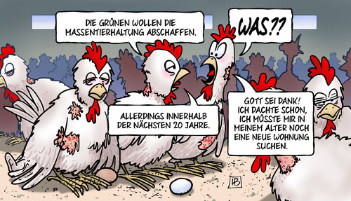 Cartoon: Massentierhaltung (medium) by Harm Bengen tagged gruene,hofreiter,huehner,massentierhaltung,abschaffen,legebatterie,tierschutz,alter,wohnung,harm,bengen,cartoon,karikatur,gruene,hofreiter,huehner,massentierhaltung,abschaffen,legebatterie,tierschutz,alter,wohnung,harm,bengen,cartoon,karikatur