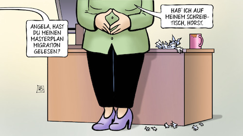 Cartoon: Masterplan Migration (medium) by Harm Bengen tagged angela,merkel,raute,masterplan,migration,schreibtisch,horst,seehofer,cdu,csu,streit,harm,bengen,cartoon,karikatur,angela,merkel,raute,masterplan,migration,schreibtisch,horst,seehofer,cdu,csu,streit,harm,bengen,cartoon,karikatur