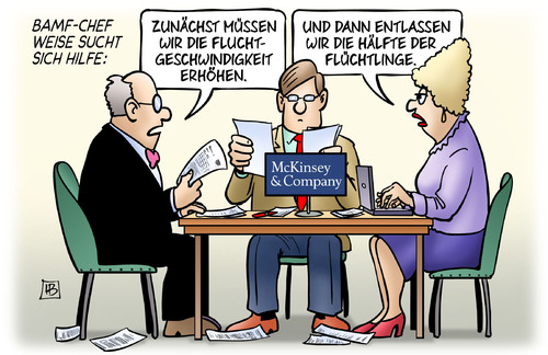 Cartoon: McKinsey (medium) by Harm Bengen tagged bamf,chef,weise,hilfe,fluchtgeschwindigkeit,entlasse,entlassung,unternehmensberatung,mckinsey,flüchtlinge,asyl,harm,bengen,cartoon,karikatur,bamf,chef,weise,hilfe,fluchtgeschwindigkeit,entlasse,entlassung,unternehmensberatung,mckinsey,flüchtlinge,asyl,harm,bengen,cartoon,karikatur