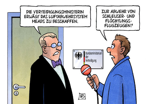 Cartoon: Meads (medium) by Harm Bengen tagged verteidigungsministerin,leyen,luftabwehrsystem,meads,patriot,bundeswehr,abwehr,schleuser,fluechtlinge,flugzeuge,harm,bengen,cartoon,karikatur,verteidigungsministerin,leyen,luftabwehrsystem,meads,patriot,bundeswehr,abwehr,schleuser,fluechtlinge,flugzeuge,harm,bengen,cartoon,karikatur