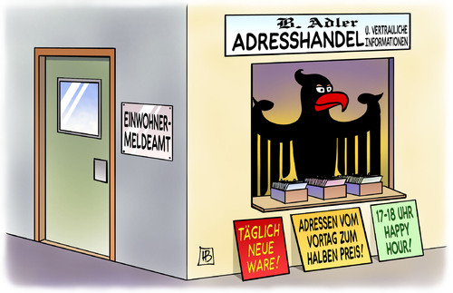 Cartoon: Melderechtsgesetz (medium) by Harm Bengen tagged melderechtsgesetz,aenderung,reform,einwohnermeldeamt,adler,adresshandel,kartei,bundestag,vertrauliche,informationen,ware,verkauf,verkaufen,adressen,preis,happy,hour,vertrauen,misstrauen,melderechtsgesetz,datenschutz