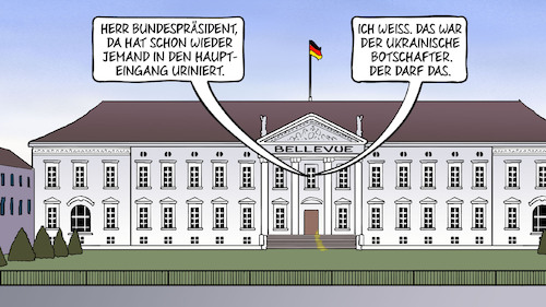 Cartoon: Melnyk darf das (medium) by Harm Bengen tagged bundespräsident,ukrainische,botschafter,melnyk,bellevue,uriniert,russland,ukraine,krieg,harm,bengen,cartoon,karikatur,bundespräsident,ukrainische,botschafter,melnyk,bellevue,uriniert,russland,ukraine,krieg,harm,bengen,cartoon,karikatur