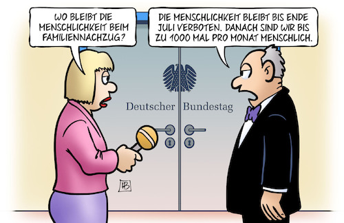 Cartoon: Menschlichkeit verboten (medium) by Harm Bengen tagged menschlichkeit,familiennachzug,flüchtlinge,verboten,1000,monat,bundestag,interview,harm,bengen,cartoon,karikatur,menschlichkeit,familiennachzug,flüchtlinge,verboten,1000,monat,bundestag,interview,harm,bengen,cartoon,karikatur