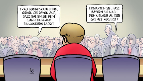 Cartoon: Merkel-Urlaub (medium) by Harm Bengen tagged bundeskanzlerin,merkel,urlaub,italien,wanderurlaub,einwandern,asylpolitik,migration,bayern,seehofer,söder,grenze,abweisen,pressekonferenz,harm,bengen,cartoon,karikatur,bundeskanzlerin,merkel,urlaub,italien,wanderurlaub,einwandern,asylpolitik,migration,bayern,seehofer,söder,grenze,abweisen,pressekonferenz,harm,bengen,cartoon,karikatur