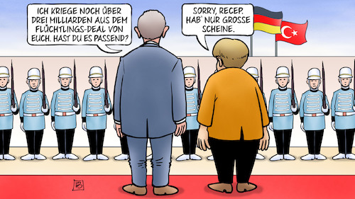 Cartoon: Merkel in Ankara (medium) by Harm Bengen tagged merkel,erdogan,ankara,staatsbesuch,soldaten,milliarden,flüchtlingsdeal,geld,scheine,recep,türkei,harm,bengen,cartoon,karikatur,merkel,erdogan,ankara,staatsbesuch,soldaten,milliarden,flüchtlingsdeal,geld,scheine,recep,türkei,harm,bengen,cartoon,karikatur