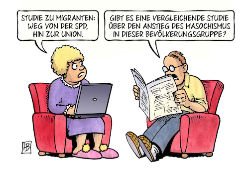 Cartoon: Migranten zur Union (medium) by Harm Bengen tagged studie,migranten,spd,cdu,union,parteien,umfrage,wahlen,anstieg,masochismus,bevoelkerungsgruppe,harm,bengen,cartoon,karikatur,studie,migranten,spd,cdu,union,parteien,umfrage,wahlen,anstieg,masochismus,bevoelkerungsgruppe,harm,bengen,cartoon,karikatur