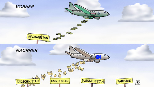 Cartoon: Migrationsverhinderung (medium) by Harm Bengen tagged vorher,nachher,afghanistan,tadschikistan,usbekistan,turkmenistan,pakistan,krieg,rückzug,nato,europa,eu,flugzeug,bomben,geldsäcke,migration,flüchtlinge,harm,bengen,cartoon,karikatur,vorher,nachher,afghanistan,tadschikistan,usbekistan,turkmenistan,pakistan,krieg,rückzug,nato,europa,eu,flugzeug,bomben,geldsäcke,migration,flüchtlinge,harm,bengen,cartoon,karikatur