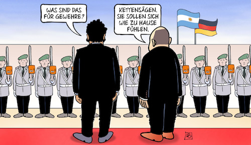 Cartoon: Milei bei Scholz (medium) by Harm Bengen tagged gewehre,kettensägen,milei,scholz,staatsbesuch,soldaten,argentinien,deutschland,harm,bengen,cartoon,karikatur,gewehre,kettensägen,milei,scholz,staatsbesuch,soldaten,argentinien,deutschland,harm,bengen,cartoon,karikatur