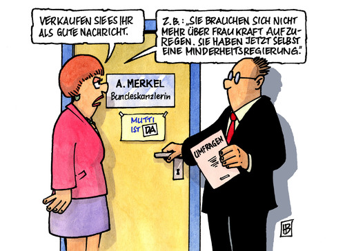 Cartoon: Minderheitsregierung (medium) by Harm Bengen tagged minderheitsregierung,nrw,merkel,kraft,koalition,cdu,fdp,spd,grüne,csu,linke,bundeskanzlerin,mutti,umfragen,absturz,minderheitsregierung,nrw,angela merkel,kraft,koalition,cdu,fdp,spd,grüne,csu,linke,bundeskanzlerin,umfragen,angela,merkel