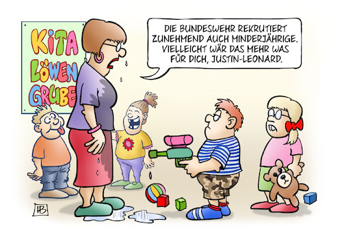 Cartoon: Minderjährige zum Bund (medium) by Harm Bengen tagged kita,wasserpistole,nass,erzieherin,bundeswehr,minderjährige,rekrutierung,harm,bengen,cartoon,karikatur,kita,wasserpistole,nass,erzieherin,bundeswehr,minderjährige,rekrutierung,harm,bengen,cartoon,karikatur