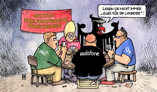 Cartoon: Mobilfunkfrequenzpoker (medium) by Harm Bengen tagged mobilfunkfrequenzpoker,mobilfunk,frequenz,poker,umts,versteigerung,tmobile,o2,vodafone,eplus,handy,internet,breitband,versorgung,land,bundesadler,staat,einnahmen,spiel,auktion,mobilfunkfrequenzpoker,mobilfunk,telefon,telefonieren,poker,versteigerung,tmobile,frequenz,o2,vodafone,eplus,handy,breitband,versorgung,land,bundesadler,staat,einnahmen,spiel,auktion