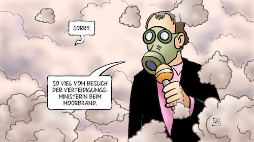 Cartoon: Moorbrand (medium) by Harm Bengen tagged sorry,besuch,verteidigungsministerin,leyen,bundeswehr,raketenbeschuß,moorbrand,feuerwehr,qualm,rauch,gasmaske,reporter,harm,bengen,cartoon,karikatur,sorry,besuch,verteidigungsministerin,leyen,bundeswehr,raketenbeschuß,moorbrand,feuerwehr,qualm,rauch,gasmaske,reporter,harm,bengen,cartoon,karikatur