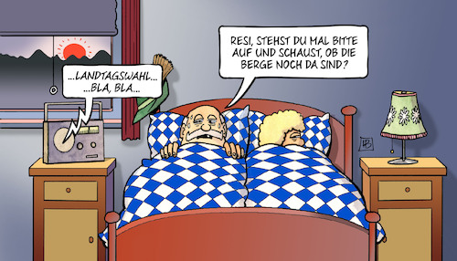 Cartoon: Morgen nach der Wahl (medium) by Harm Bengen tagged morgen,bett,aufstehen,sonnenaufgang,radio,bayern,landtagswahl,wahlergebnis,csu,harm,bengen,cartoon,karikatur,morgen,bett,aufstehen,sonnenaufgang,radio,bayern,landtagswahl,wahlergebnis,csu,harm,bengen,cartoon,karikatur