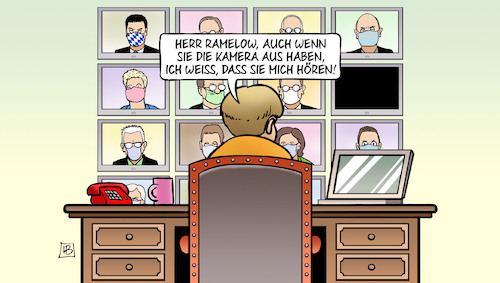 Cartoon: MPs und Lockdown (medium) by Harm Bengen tagged ramelow,merkel,ministerpräsidenten,bundesländer,videokonferenz,kamera,corona,lockdown,parlamentsbeteiligung,harm,bengen,cartoon,karikatur,ramelow,merkel,ministerpräsidenten,bundesländer,videokonferenz,kamera,corona,lockdown,parlamentsbeteiligung,harm,bengen,cartoon,karikatur