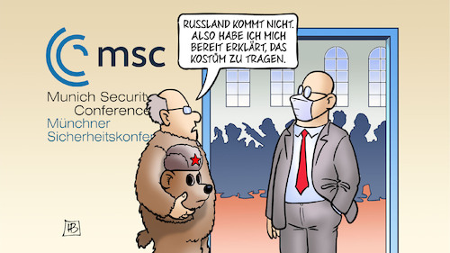 Cartoon: MSC ohne Russland (medium) by Harm Bengen tagged kostüm,bär,putin,konferenz,russland,ukraine,münchner,sicherheitskonferenz,msc,harm,bengen,cartoon,karikatur,kostüm,bär,putin,konferenz,russland,ukraine,münchner,sicherheitskonferenz,msc,harm,bengen,cartoon,karikatur