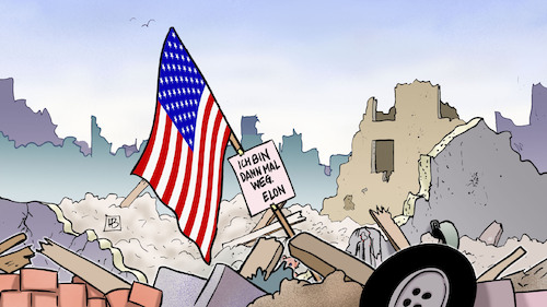 Cartoon: Musk geht (medium) by Harm Bengen tagged elon,musk,usa,regierung,truemmer,fahne,flagge,chaos,trump,berater,doge,kuerzungen,einsparungen,harm,bengen,cartoon,karikatur,elon,musk,usa,regierung,truemmer,fahne,flagge,chaos,trump,berater,doge,kuerzungen,einsparungen,harm,bengen,cartoon,karikatur
