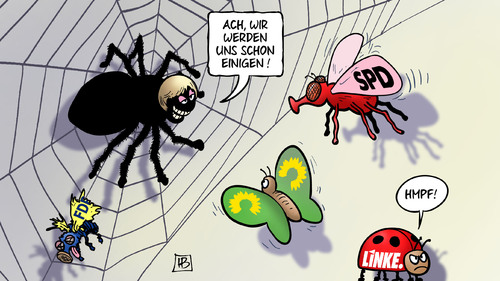 Cartoon: Muttispinne (medium) by Harm Bengen tagged spinne,netz,fliege,schmetterling,koalition,merkel,bundeskanzlerin,spd,grüne,cdu,csu,linke,fdp,bundestag,2013,wahl,bundestagswahl,ergebnis,harm,bengen,cartoon,karikatur,spinne,netz,fliege,schmetterling,koalition,merkel,bundeskanzlerin,spd,grüne,cdu,csu,linke,fdp,bundestag,2013,wahl,bundestagswahl,ergebnis,harm,bengen,cartoon,karikatur