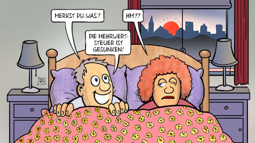 Cartoon: MwSt-Senkung in Kraft (medium) by Harm Bengen tagged mehrwertsteuer,gesunken,mwst,senkung,bett,morgen,aufwachen,konjunkturpaket,harm,bengen,cartoon,karikatur,mehrwertsteuer,gesunken,mwst,senkung,bett,morgen,aufwachen,konjunkturpaket,harm,bengen,cartoon,karikatur