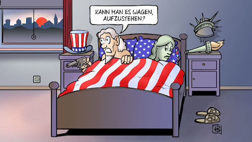 Cartoon: Nach US-Wahl (medium) by Harm Bengen tagged aufstehen,uncle,sam,freiheitstatue,liberty,bett,sonnenaufgang,bürgerkrieg,waffen,usa,wahl,trump,biden,harm,bengen,cartoon,karikatur,aufstehen,uncle,sam,freiheitstatue,liberty,bett,sonnenaufgang,bürgerkrieg,waffen,usa,wahl,trump,biden,harm,bengen,cartoon,karikatur