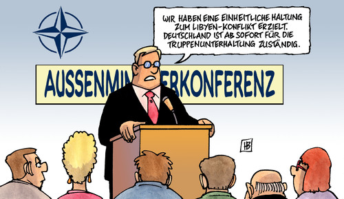 Cartoon: Nato-Außenminister (medium) by Harm Bengen tagged nato,außenminister,minister,militärbündnis,kampfeinsatz,libyen,westerwelle,truppe,truppenunterhaltung,truppenbetreuung,nato,außenminister,minister,kampfeinsatz,libyen,westerwelle,truppe,truppenunterhaltung,truppenbetreuung