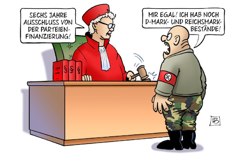 Cartoon: Nazis und Geld (medium) by Harm Bengen tagged ausschluss,parteienfinanzierung,nazis,heimat,npd,bverfg,urteil,dmark,reichsmark,richterin,harm,bengen,cartoon,karikatur,ausschluss,parteienfinanzierung,nazis,heimat,npd,bverfg,urteil,dmark,reichsmark,richterin,harm,bengen,cartoon,karikatur