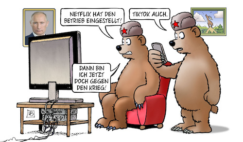 Cartoon: Netflix Russland (medium) by Harm Bengen tagged netflix,betrieb,eingestellt,tiktok,tv,handy,bären,putin,bild,russland,ukraine,krieg,einmarsch,angriff,harm,bengen,cartoon,karikatur,netflix,betrieb,eingestellt,tiktok,tv,handy,bären,putin,bild,russland,ukraine,krieg,einmarsch,angriff,harm,bengen,cartoon,karikatur