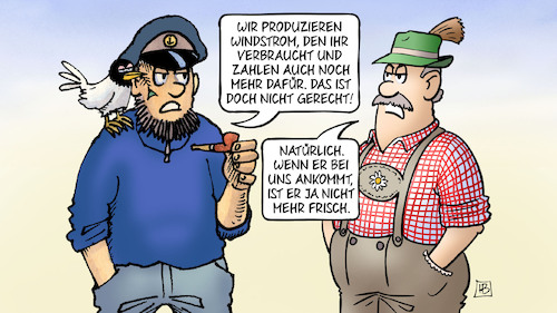 Cartoon: Netzstromentgelte (medium) by Harm Bengen tagged netzstromentgelte,windstrom,erneuerbare,energien,windkraftanlagen,bayern,norddeutschland,süddeutschland,möwe,seemann,harm,bengen,cartoon,karikatur,netzstromentgelte,windstrom,erneuerbare,energien,windkraftanlagen,bayern,norddeutschland,süddeutschland,möwe,seemann,harm,bengen,cartoon,karikatur