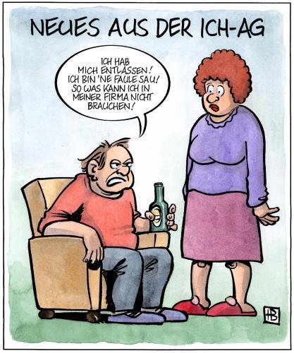 Cartoon: Neues aus der Ich-AG (medium) by Harm Bengen tagged ichag,entlassung,faul,,ich,ag,rauswerfen,entlassen,kündigung,arbeitslos,arbeit,job,faul,sau,träge,firma,chef,arbeitsagentur,arbeitsmarkt,arbeitsmarktmaßnahmen,boss,kapitalist,vorstandsvorsitzender,aufsichtsrat,aktiengesellschaft,heuschrecke,profit,unterdrückung,freistellung,rationalisierung,entlassung,unternehmen,unternehmer,verantwortung,gewerkschaft,aussperrung,streik