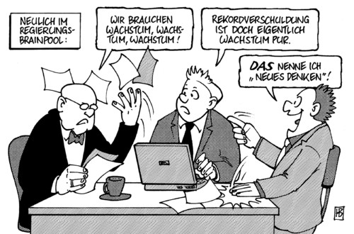 Cartoon: Neues Denken (medium) by Harm Bengen tagged denken,bundesregierung,wachstum,rekordverschuldung,cdu,csu,fdp,angela merkel,wolfgang schäuble,haushalt,haushaltsdebatte,angela,merkel,wolfgang,schäuble