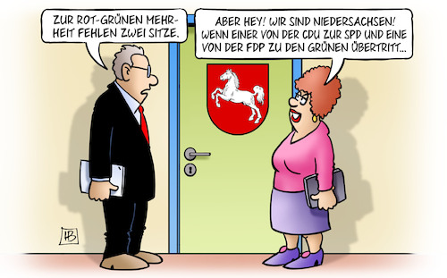 Cartoon: Niedersachsen-Gepflogenheiten (medium) by Harm Bengen tagged niedersachsen,gepflogenheiten,fdp,rot,grüne,koalition,mehrheit,sitze,cdu,spd,und,übertritt,harm,bengen,cartoon,karikatur,niedersachsen,gepflogenheiten,fdp,rot,grüne,koalition,mehrheit,sitze,cdu,spd,und,übertritt,harm,bengen,cartoon,karikatur