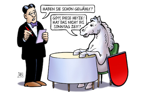 Cartoon: Niedersachsen-Wahl (medium) by Harm Bengen tagged ober,kellner,lokal,restaurant,essen,niedersachsen,pferd,ross,wappen,landtagswahl,wahl,harm,bengen,cartoon,karikatur,ober,kellner,lokal,restaurant,essen,niedersachsen,pferd,ross,wappen,landtagswahl,wahl,harm,bengen,cartoon,karikatur