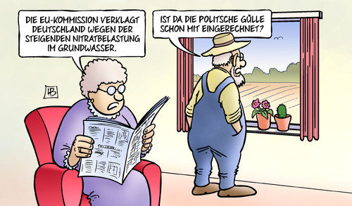 Cartoon: Nitratbelastung (medium) by Harm Bengen tagged eu,kommission,klage,deutschland,nitratbelastung,grundwasser,politsche,gülle,landwirtschaft,düngen,bauer,harm,bengen,cartoon,karikatur,eu,kommission,klage,deutschland,nitratbelastung,grundwasser,politsche,gülle,landwirtschaft,düngen,bauer,harm,bengen,cartoon,karikatur