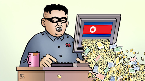 Cartoon: Nordkorea-Hacker (medium) by Harm Bengen tagged nordkorea,hacker,ransomware,kim,jong,un,computer,geld,erpressung,maske,harm,bengen,cartoon,karikatur,nordkorea,hacker,ransomware,kim,jong,un,computer,geld,erpressung,maske,harm,bengen,cartoon,karikatur