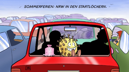 Cartoon: NRW-Ferien 2020 (medium) by Harm Bengen tagged sommerferien,nrw,startlöchern,auto,kfz,stau,corona,hutablage,mitfahrgelegenheit,riskio,urlaub,gütersloh,toennies,harm,bengen,cartoon,karikatur,sommerferien,nrw,startlöchern,auto,kfz,stau,corona,hutablage,mitfahrgelegenheit,riskio,urlaub,gütersloh,toennies,harm,bengen,cartoon,karikatur